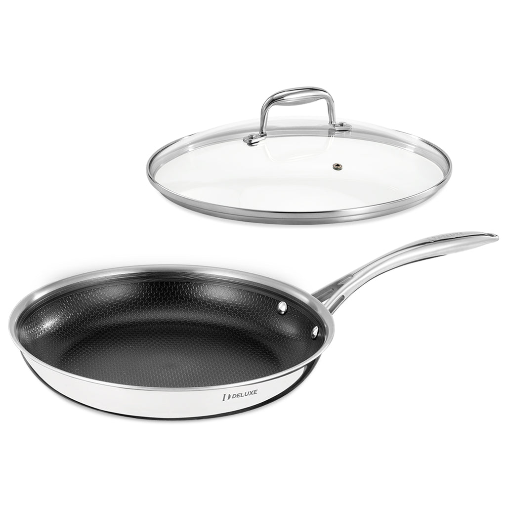 DELUXE Hybrid Keramisk Nonstick 12-tommer Stegepande med Hærdet Glaslåg, Stegepande med Kølige Håndtag, Tåler Opvaskemaskine og Ovn, PFOA-Fri, Kompatibel med Alle Kogeplader 
