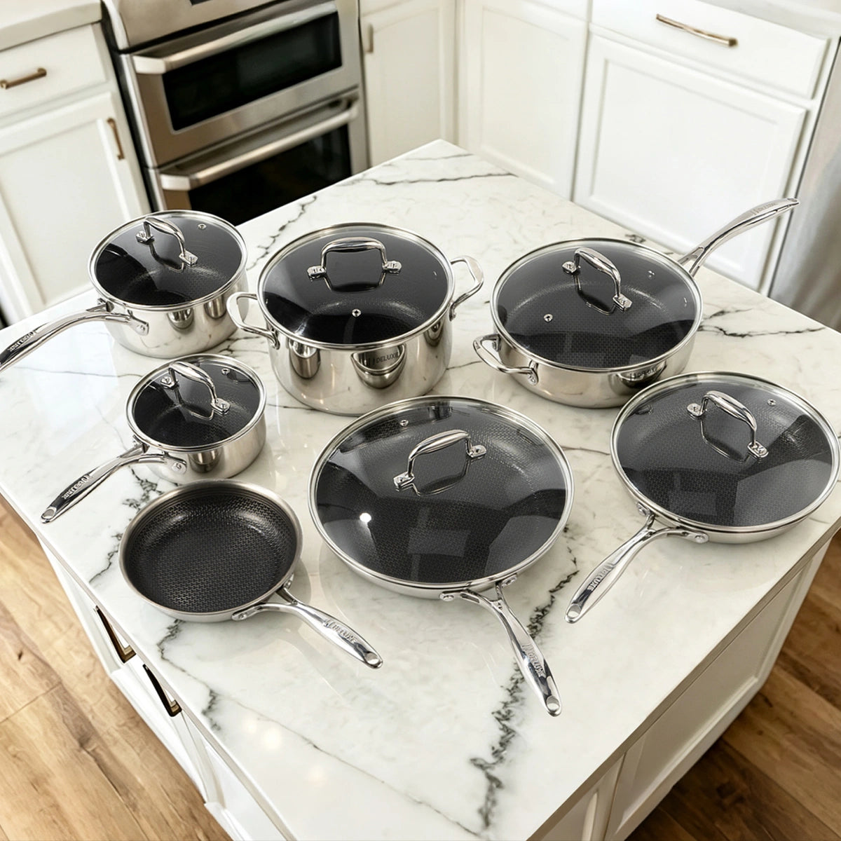 13-piece stainless steel cookware set with hybrid ceramic nonstick and glass lids