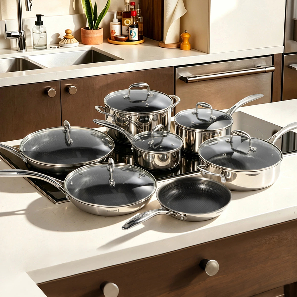 13-piece stainless steel cookware set with hybrid ceramic nonstick pans, saucepans, sauté pan, and Dutch oven