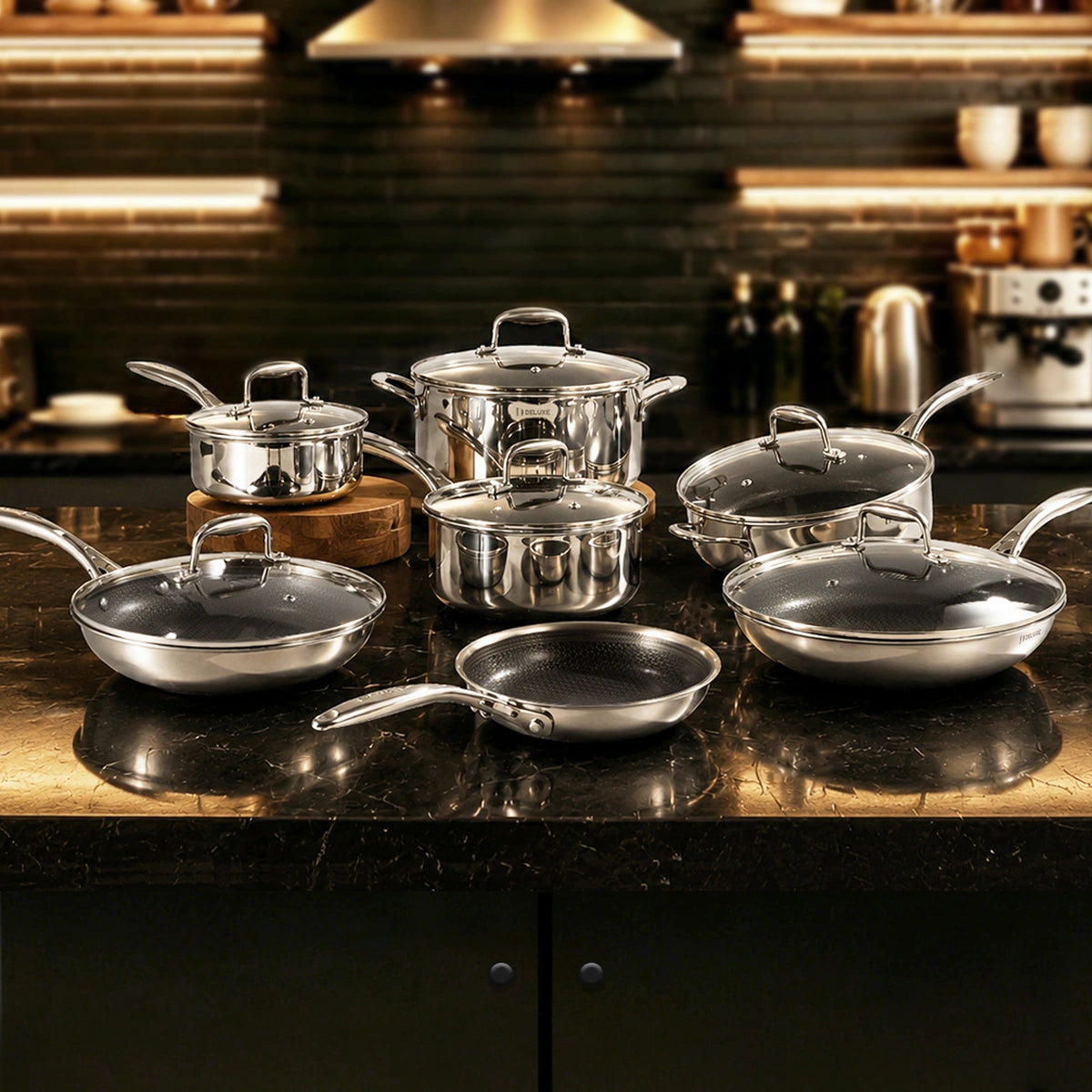 13-Piece Hybrid Ceramic Nonstick Stainless Steel Cookware Set - Deluxe Cookware