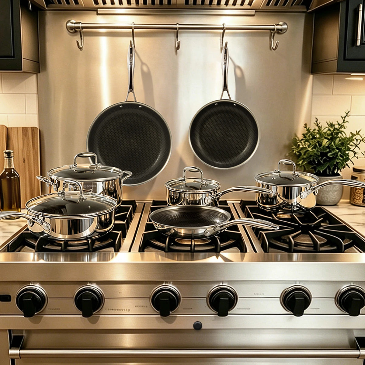 Hybrid ceramic nonstick stainless steel cookware set with pans and saucepans on stovetop