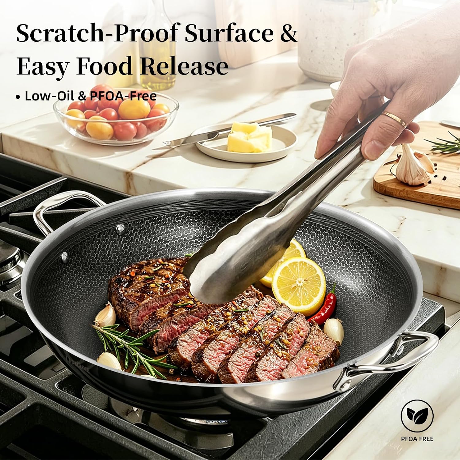 Deluxe Cookware 14 inch hybrid ceramic nonstick stainless steel frying pan with lid