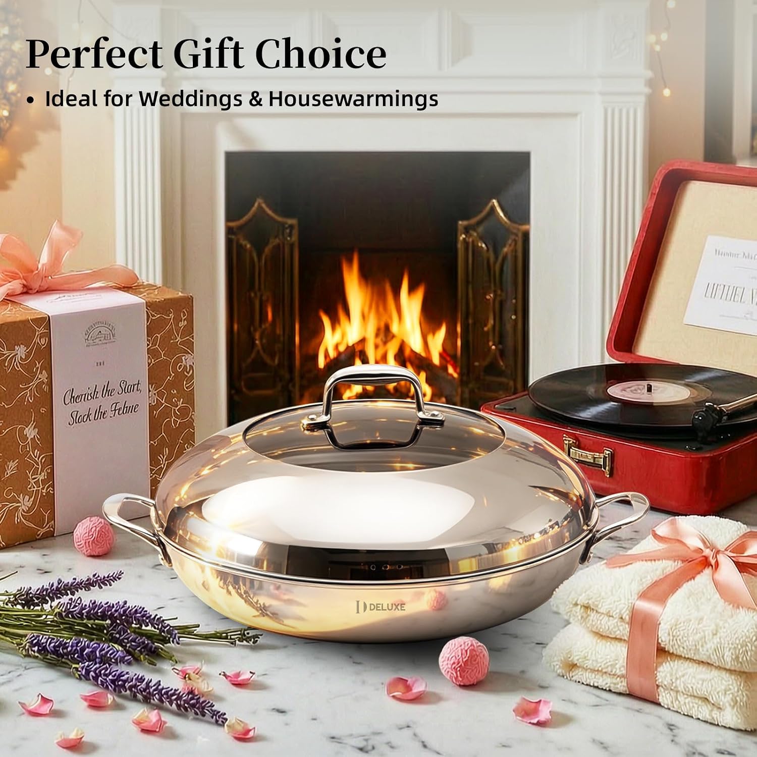 Deluxe Cookware 14 inch hybrid ceramic nonstick stainless steel frying pan with lid