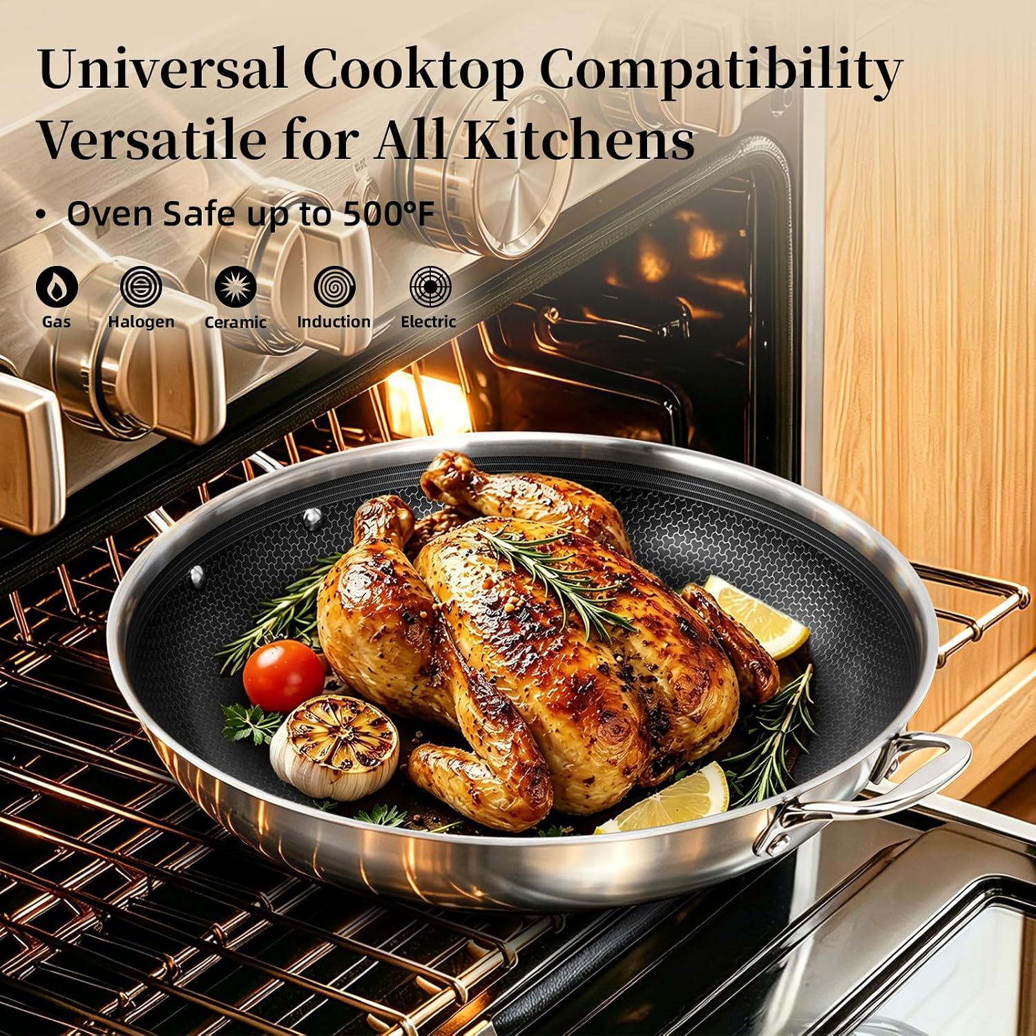 Deluxe Cookware 14 inch hybrid ceramic nonstick stainless steel frying pan with lid