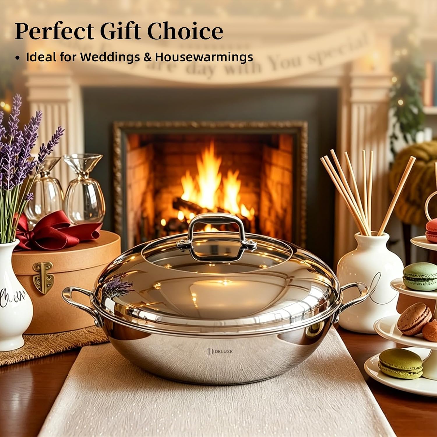 Deluxe Cookware 14 inch hybrid ceramic nonstick stainless steel wok with lid
