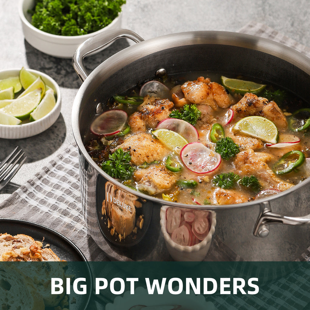 DELUXE Hybrid Keramisk Nonstick Grydesæt med 6 dele, 1,3, 3 &amp; 5,4 liters gryde med hærdet glaslåg, Gryder i rustfrit stål med køligt håndtag, tåler opvaskemaskine, PFOA-fri, kompatibel med alle kogeplader 