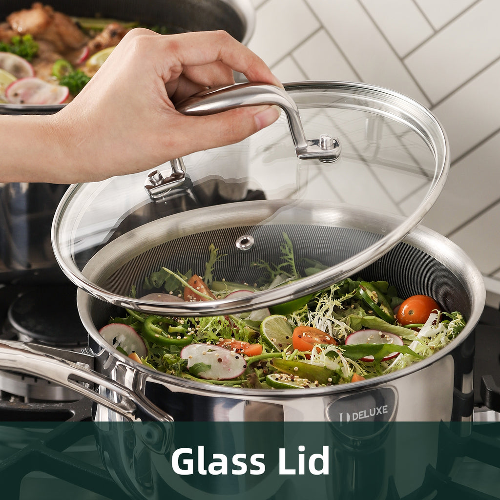 DELUXE Hybrid Keramisk Nonstick 3-Quart Kasserolle med Hærdet Glaslåg, Rustfri Stålgryde med Stay-Cool Håndtag, Tåler Opvaskemaskine Ovn, Klar til Induktion, PFOA Fri, Kompatibel med Alle Kogeplader 