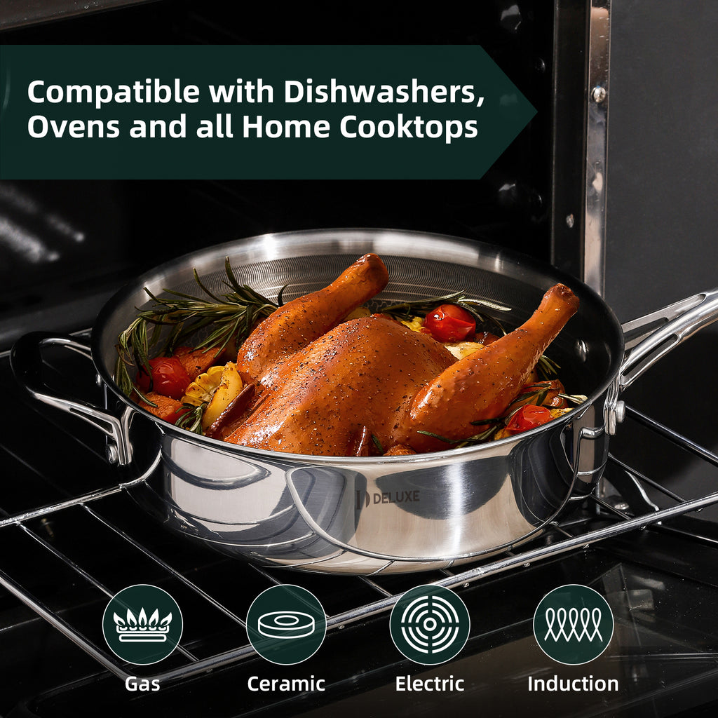 DELUXE Hybrid Keramisk Nonstick 3,7 Qt Dyb Sauterpande med Låg, Rustfri Stålpande med Kølige Håndtag, Opvaskemaskine- og Ovnsikker, PFOA-fri Dyb Stegepande, Kompatibel med Alle Kogeplader 