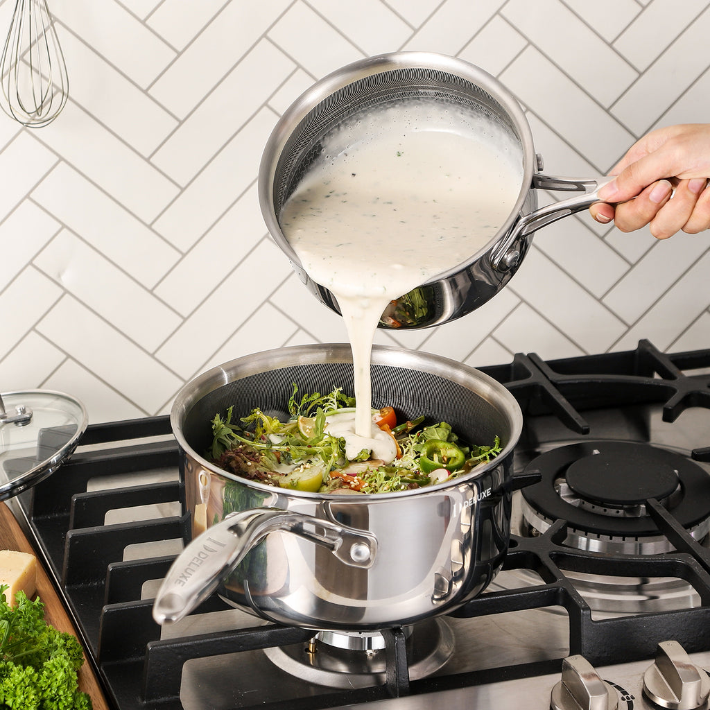 DELUXE Hybrid Keramisk Nonstick 3-Quart Kasserolle med Hærdet Glaslåg, Rustfri Stålgryde med Stay-Cool Håndtag, Tåler Opvaskemaskine Ovn, Klar til Induktion, PFOA Fri, Kompatibel med Alle Kogeplader 