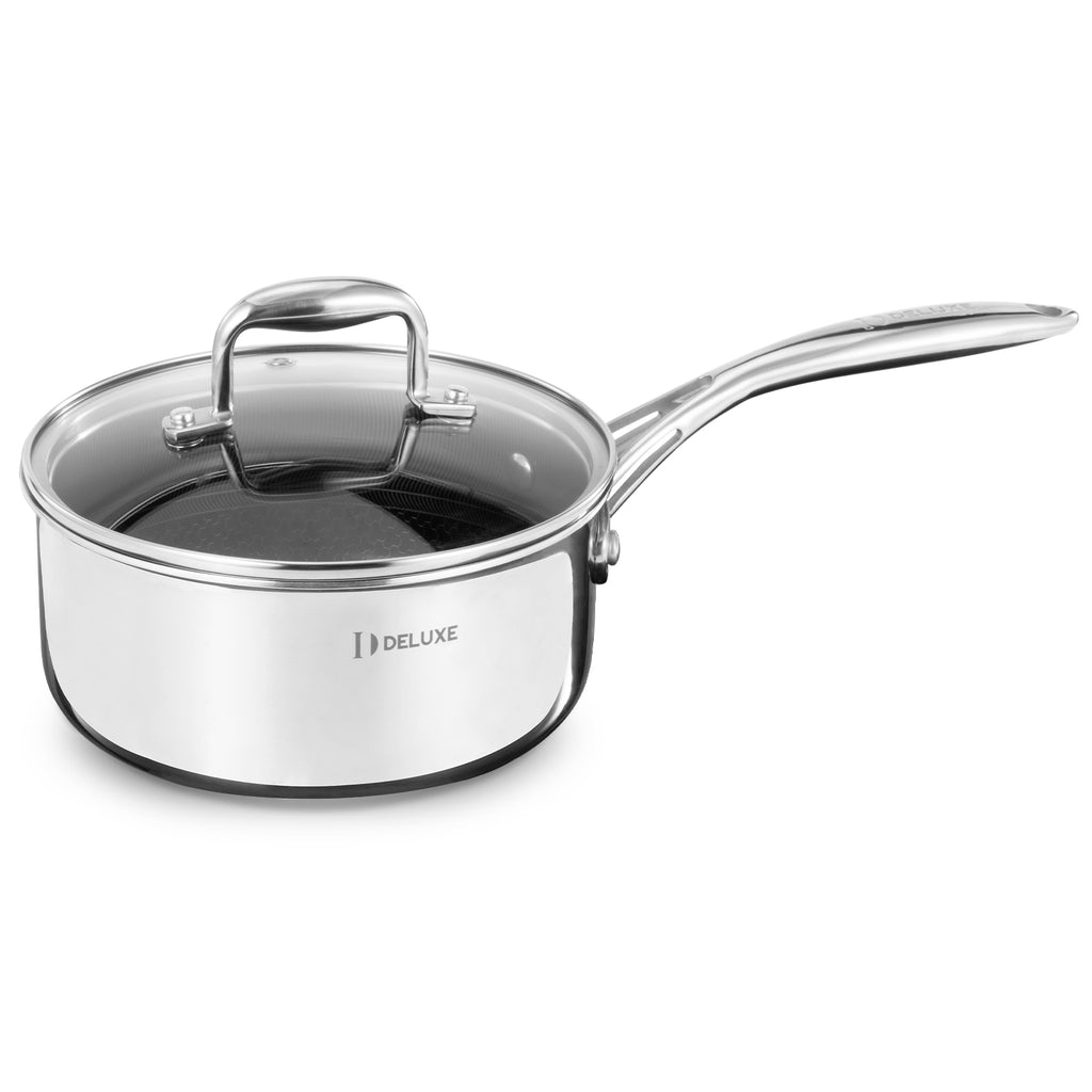 DELUXE Hybrid Keramisk Nonstick 3-Quart Kasserolle med Hærdet Glaslåg, Rustfri Stålgryde med Stay-Cool Håndtag, Tåler Opvaskemaskine Ovn, Klar til Induktion, PFOA Fri, Kompatibel med Alle Kogeplader 