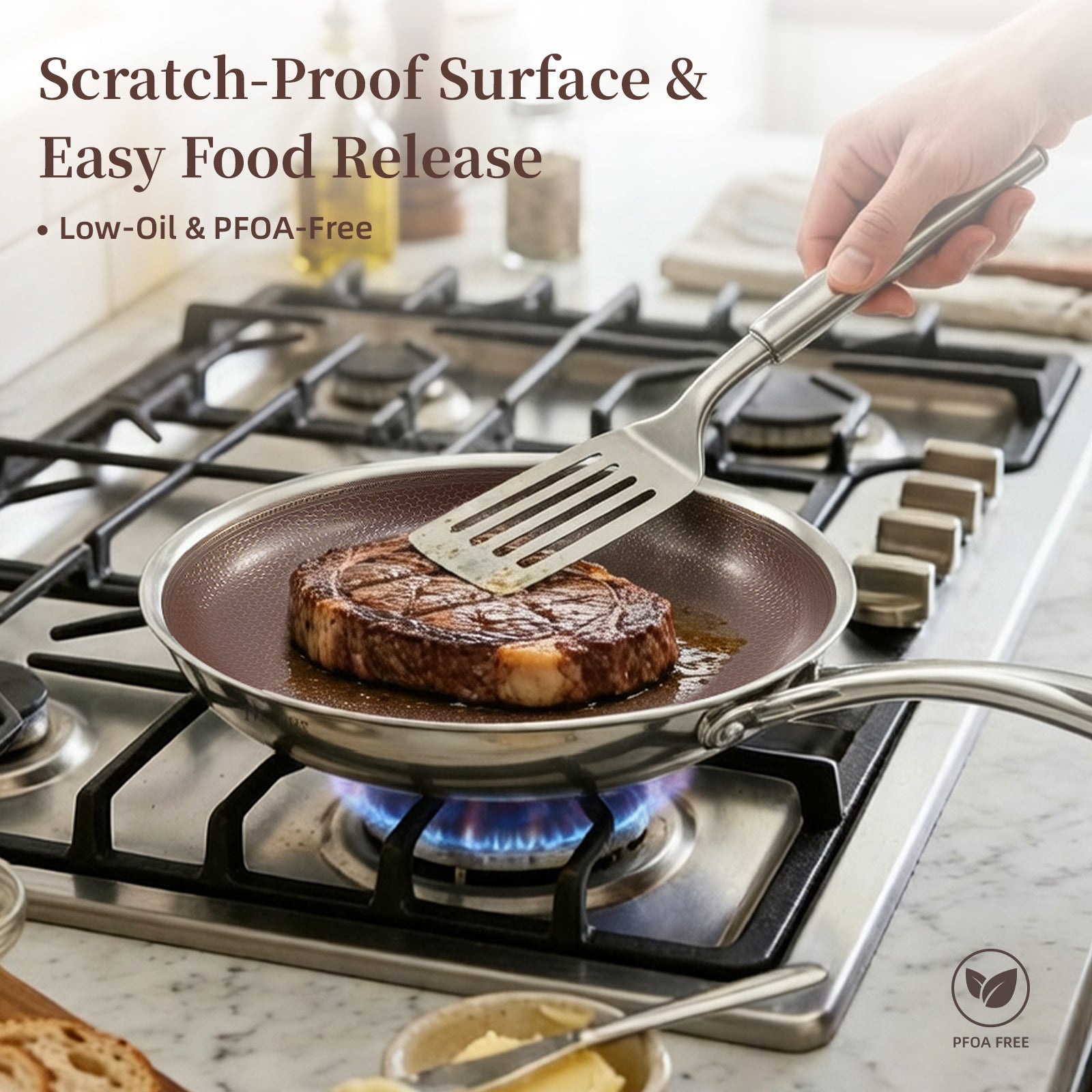 5-Piece Hybrid Nonstick Stainless Steel Frying Pan Set (Burgundy) - Deluxe Cookware