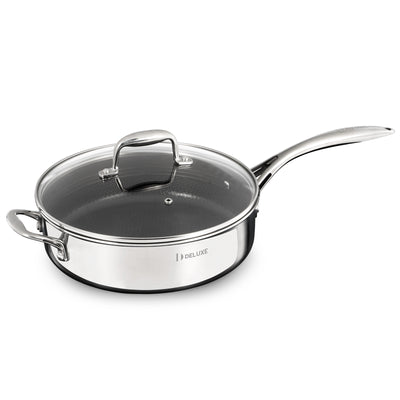 3.7 qt stainless steel sauté pan with glass lid, hybrid ceramic nonstick interior