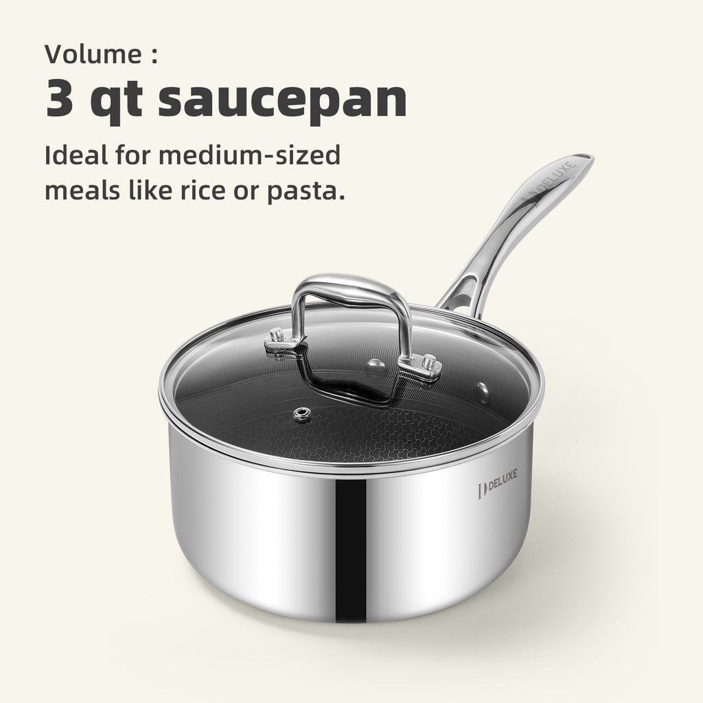 DELUXE Hybrid Keramisk Nonstick Grydesæt med 6 dele, 1,3, 3 &amp; 5,4 liters gryde med hærdet glaslåg, Gryder i rustfrit stål med køligt håndtag, tåler opvaskemaskine, PFOA-fri, kompatibel med alle kogeplader 