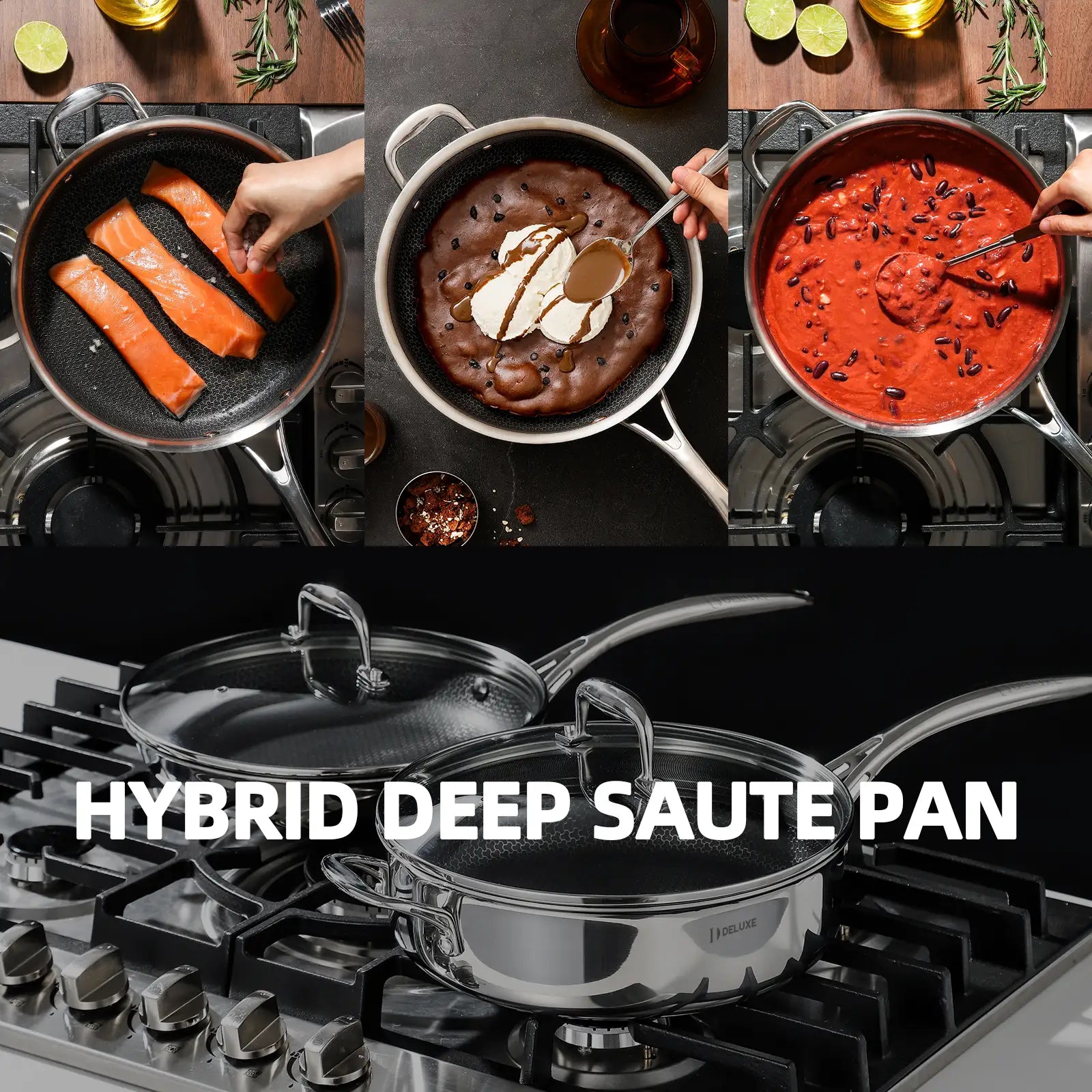 3.7 Qt Hybrid Ceramic Nonstick Stainless Steel Sauté Pan with Lid - Deluxe Cookware