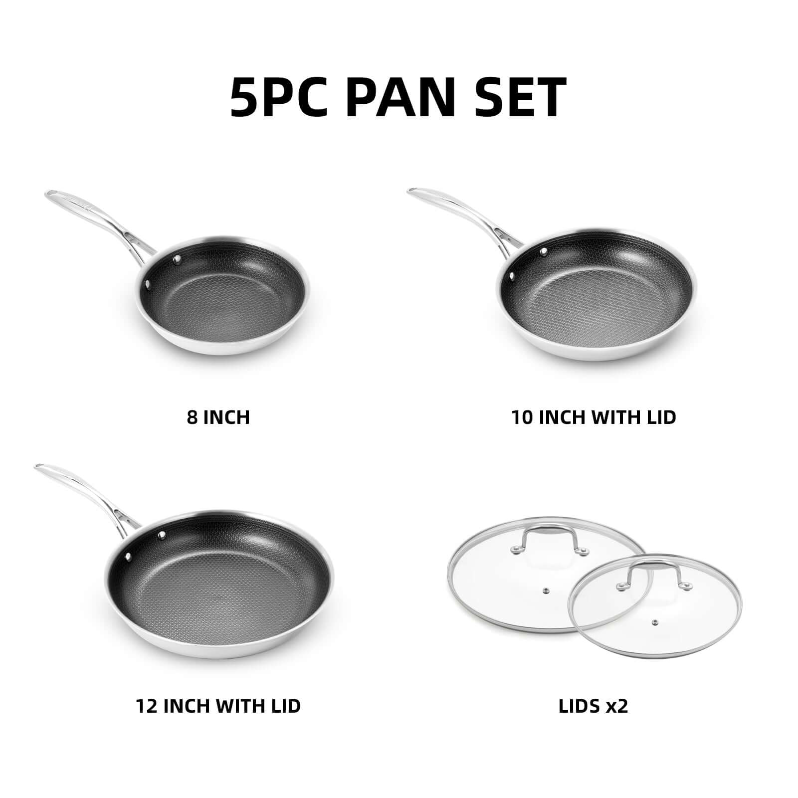 5-piece nonstick pan set with three frying pans and two lids 