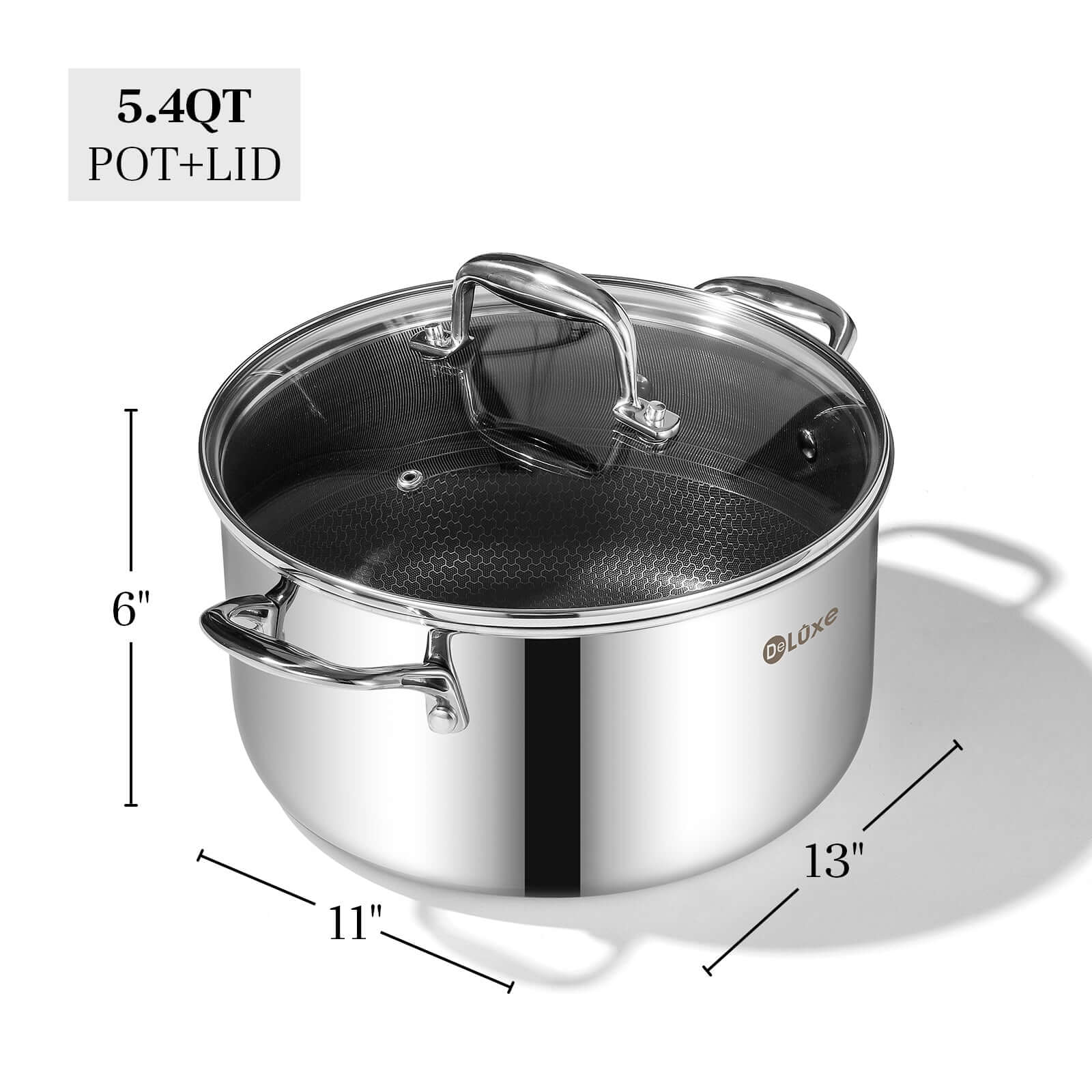 5.4QT hybrid dutch oven with glass lid and stainless steel design, perfect for even heating and nonstick cooking.