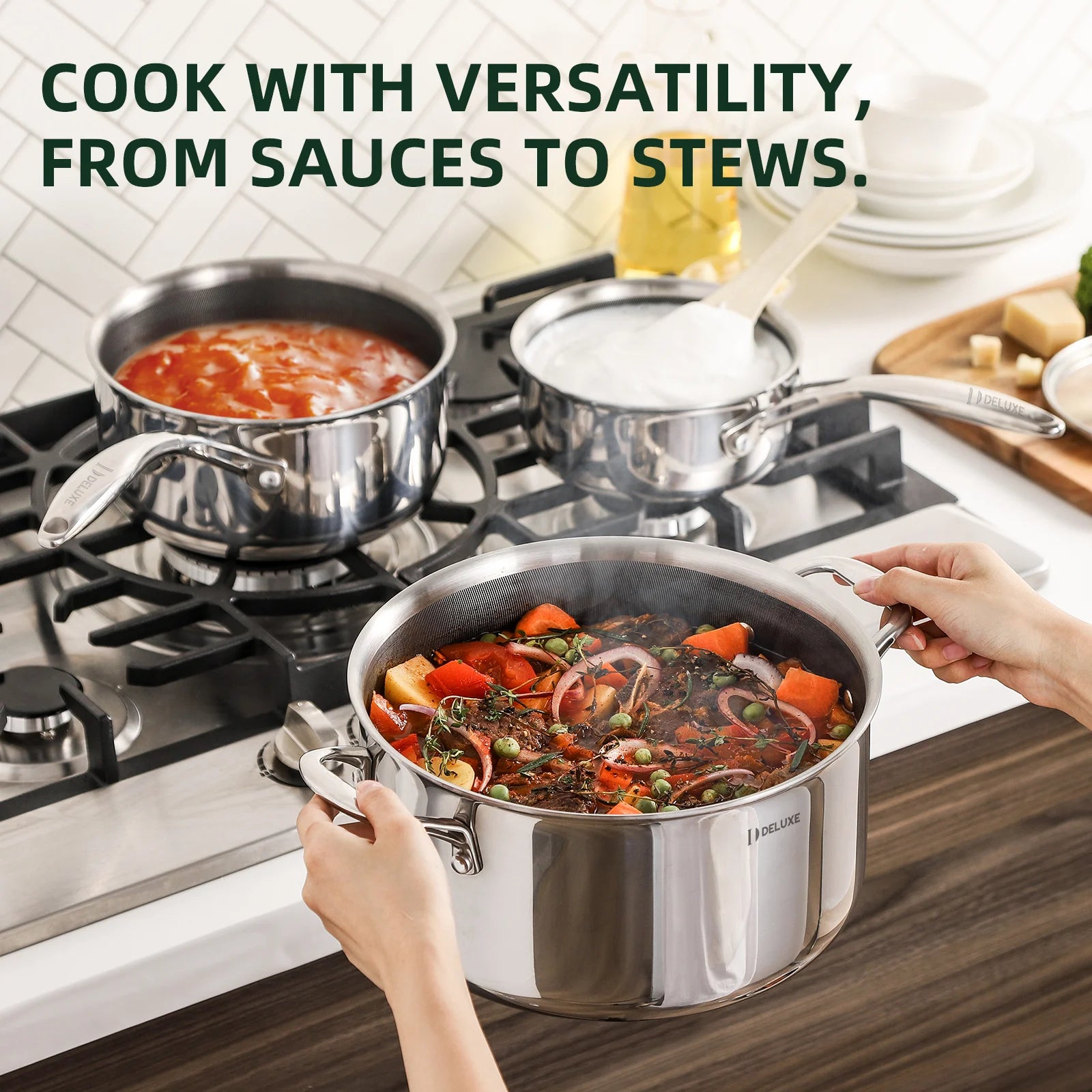 Three stainless steel hybrid ceramic nonstick pots on a gas stove with lids and food cooking