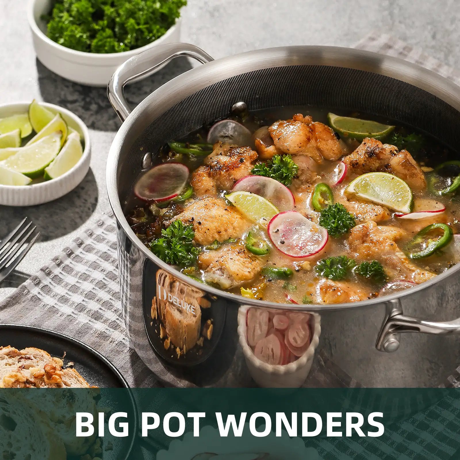 Stainless steel hybrid ceramic nonstick pot with chicken, lime, and vegetables, Big Pot Wonders