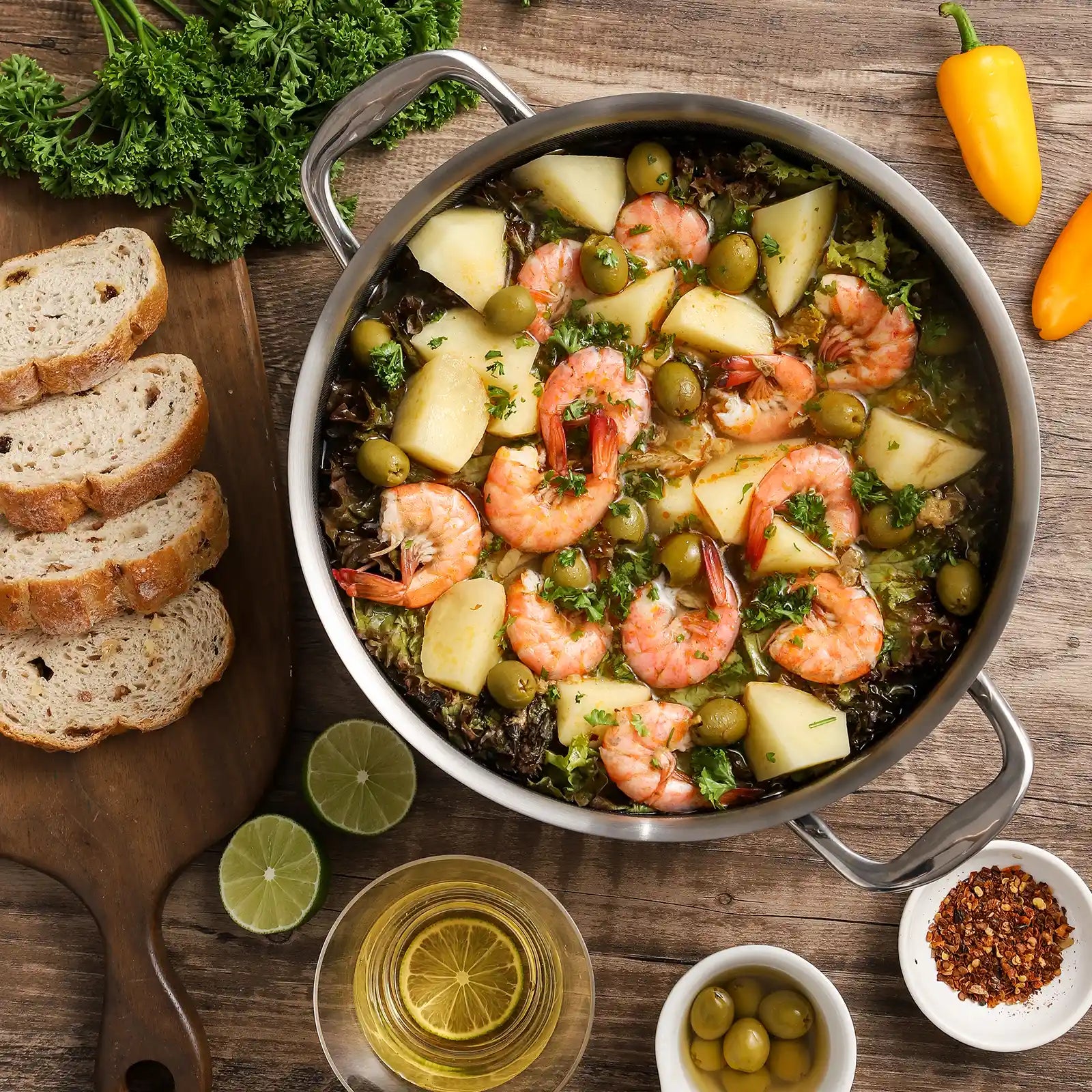 Stainless steel hybrid ceramic nonstick pot with shrimp, potatoes, and olives