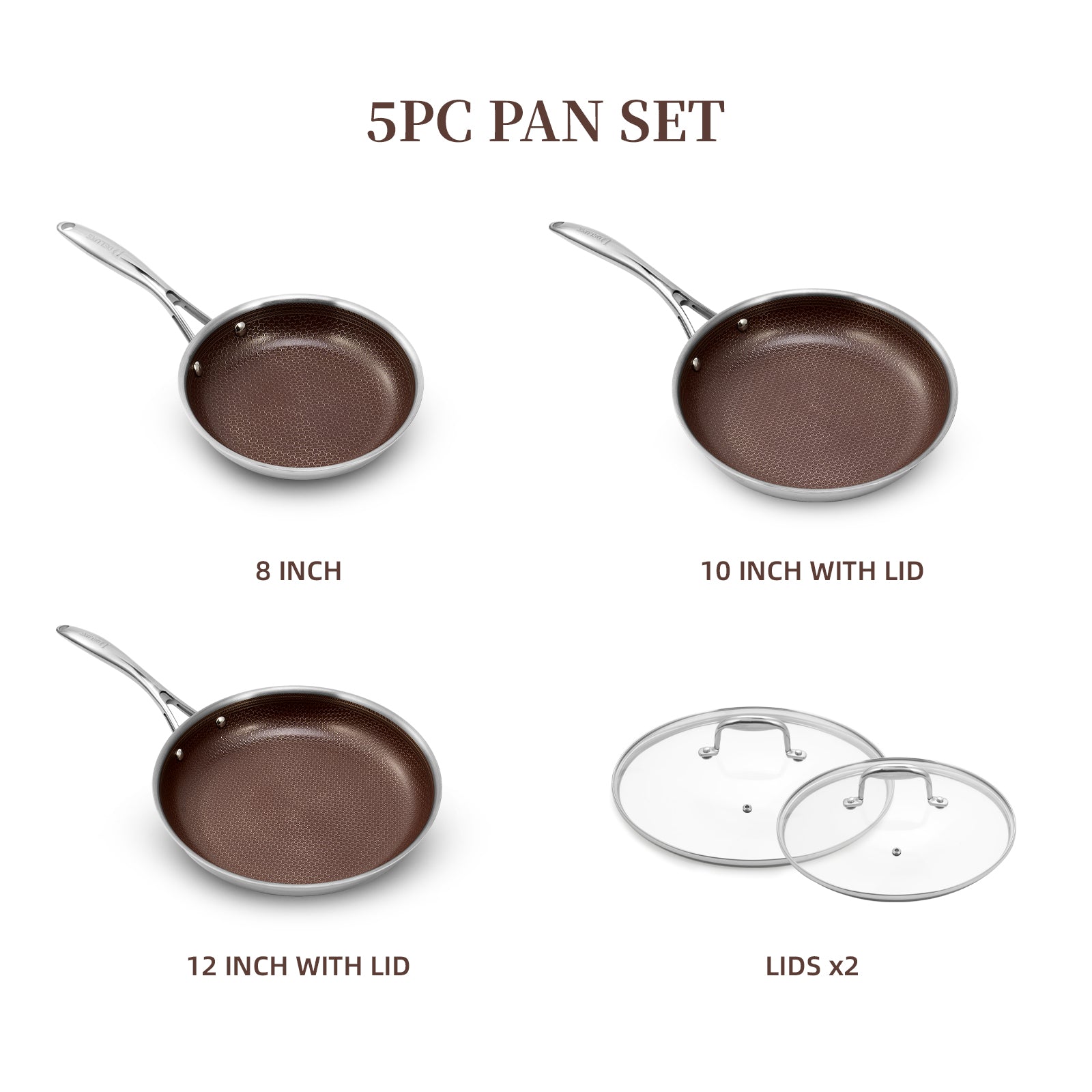 5-Piece Hybrid Nonstick Stainless Steel Frying Pan Set (Burgundy) - Deluxe Cookware