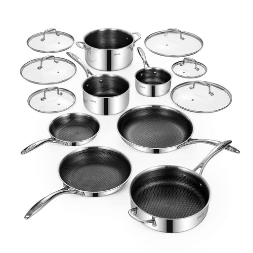 Deluxe 13-delt hybrid keramisk nonstick-køkkengrejsæt i rustfrit stål - 5-delt stegepandesæt, 6-delt grydesæt, 3,7 liter friturestegt pande med låg, induktionsklar, kølig, PFOA-fri, kompatibel med alle kogeplader 