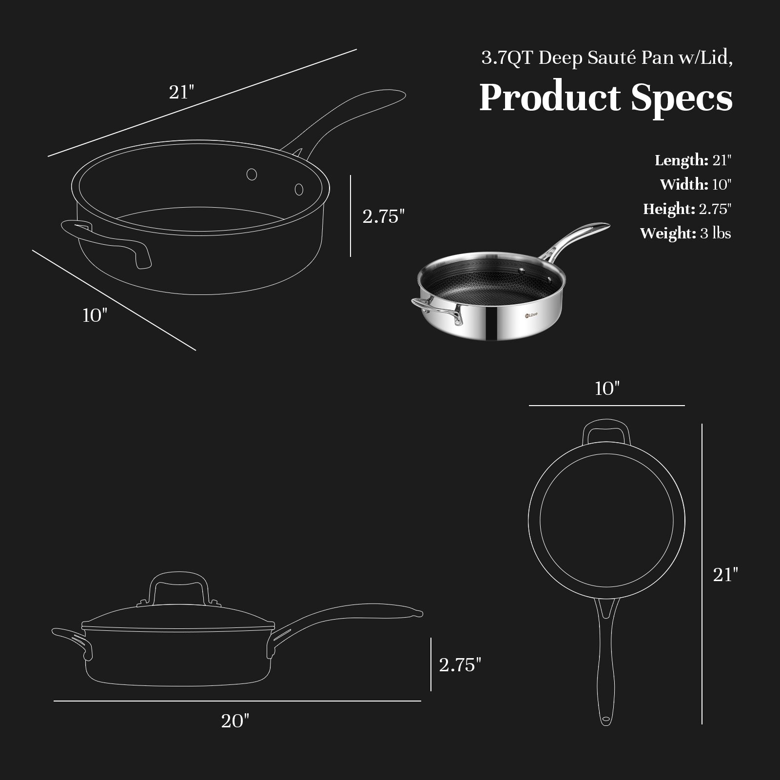 Deluxe Hybrid 3.7QT Deep Sauté Pan with Lid - Deluxe Cookware