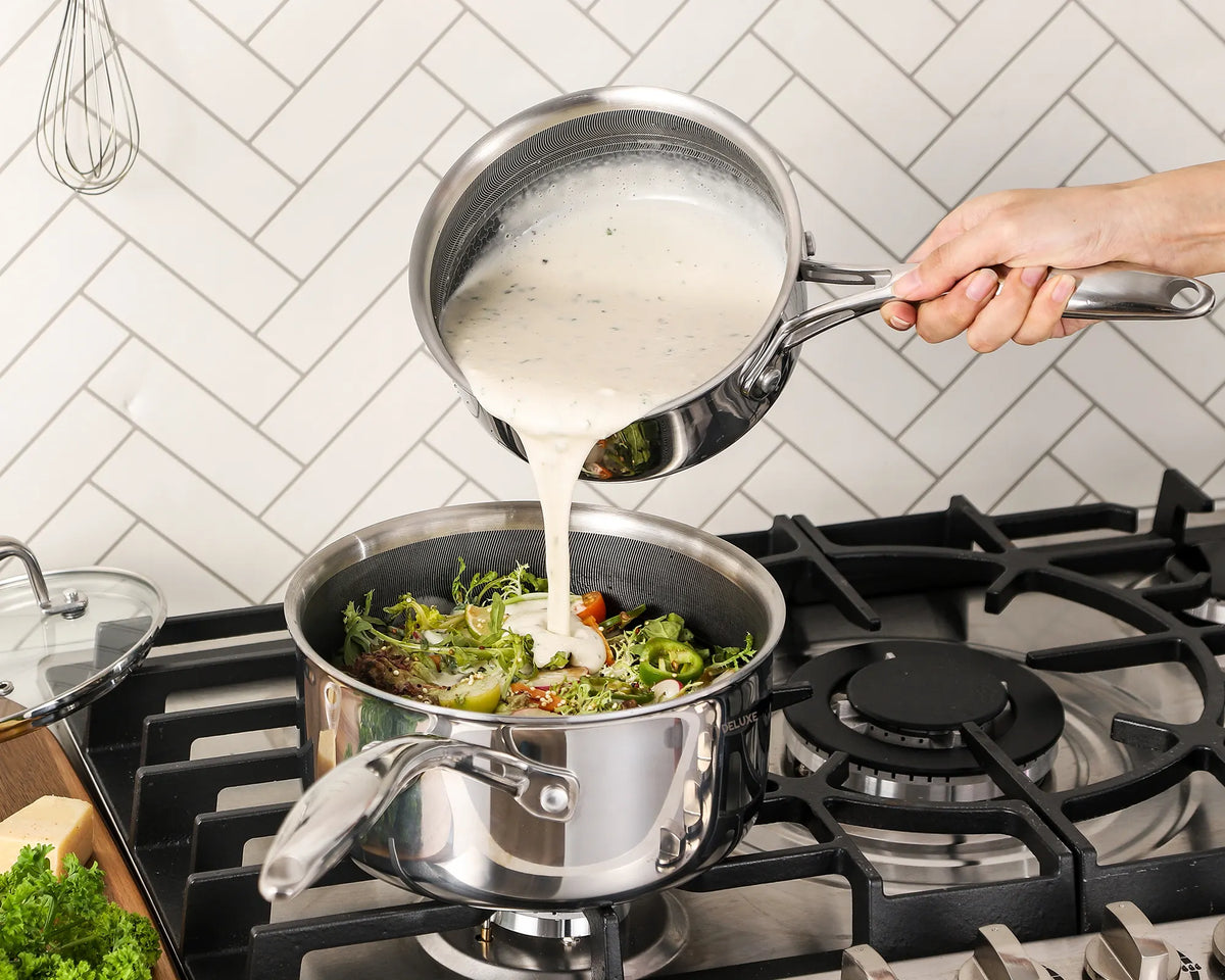 1.3 Qt Hybrid Ceramic Nonstick Stainless Steel Saucepan with Lid - Deluxe Cookware